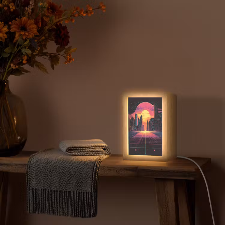 Stad - Gebouwen - Zon - Geel Light Box met kabel (Tafellamp) klein -sfeer4