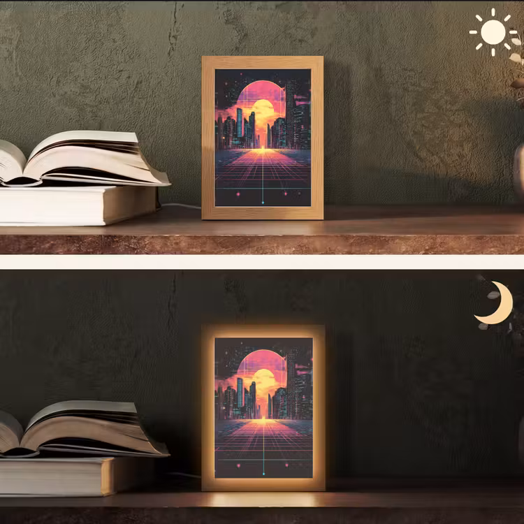 Stad - Gebouwen - Zon - Geel Light Box met kabel (Tafellamp) klein -sfeer3