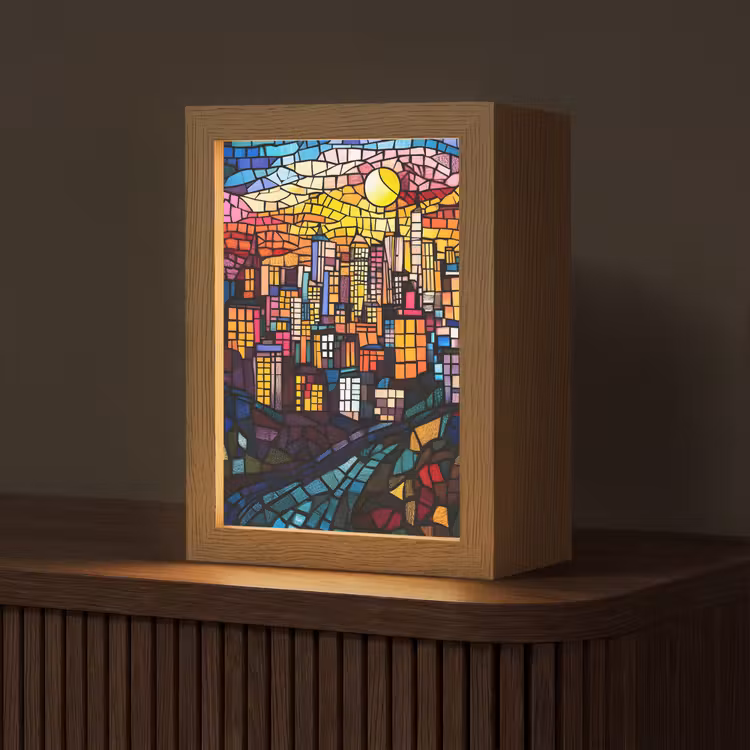 Stad - Maan - Mozaïek - Kleurrijk Light Box met kabel (Tafellamp) klein -z3d_website