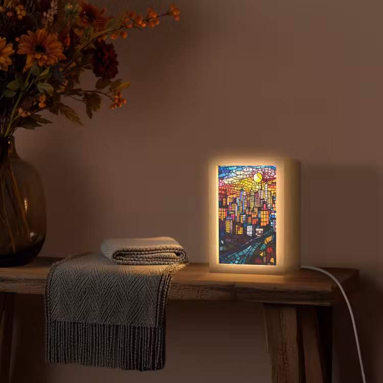 Stad - Maan - Mozaïek - Kleurrijk Light Box met kabel (Tafellamp) klein -sfeer4