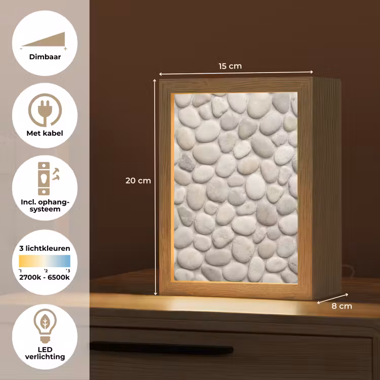 Steen - Kiezel - Natuur - Minimalistisch - Beige Light Box met kabel (Tafellamp) klein -USP_NL