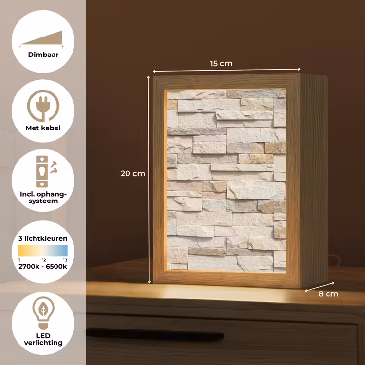 Steen - Muur - Textuur - Rustiek - Beige Light Box met kabel (Tafellamp) klein -USP_NL