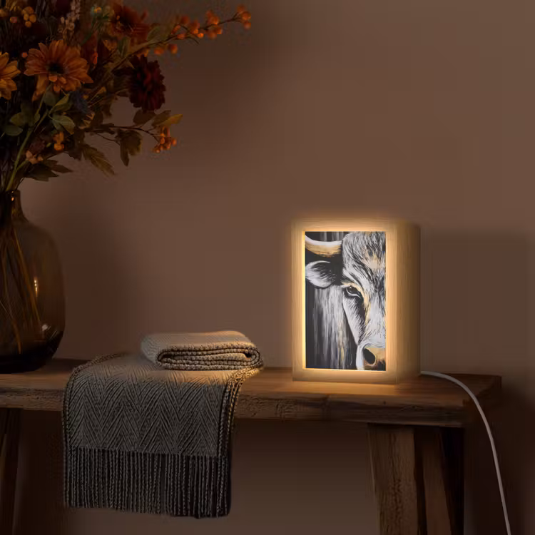 Stier - Hoorns - Snuit - Goud Light Box met kabel (Tafellamp) klein -sfeer4