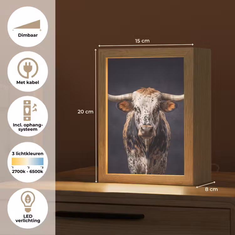 Stier - Kleurrijk - Hoorns Light Box met kabel (Tafellamp) klein -USP_NL