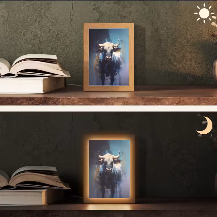 Stier - Zwart - Abstract - Horens Light Box met kabel (Tafellamp) klein -sfeer3