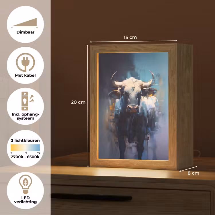Stier - Zwart - Abstract - Horens Light Box met kabel (Tafellamp) klein -USP_NL