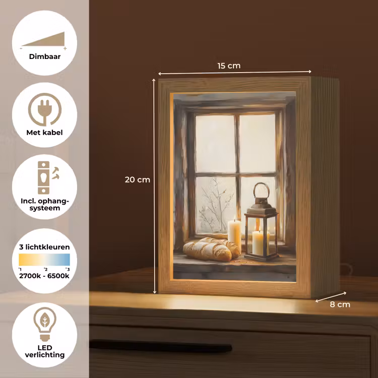 Stilleven - Rustiek - Kaarsen - Broden - Raam Light Box met kabel (Tafellamp) klein -USP_NL