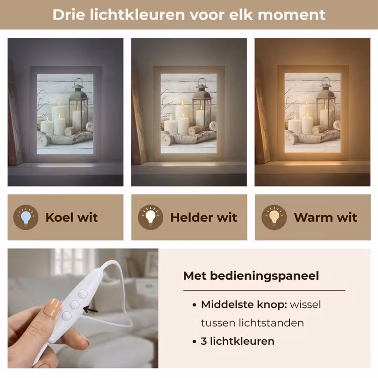 Stilleven - Wit - Kaarsen - Rustiek - Natuur Light Box met kabel (Tafellamp) klein -USP_lichtkleurNL