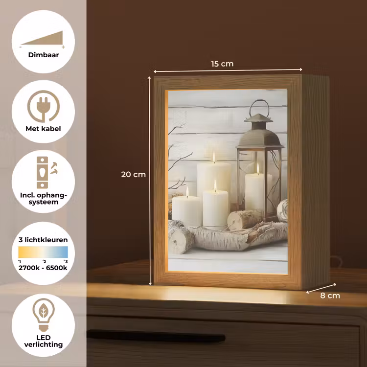 Stilleven - Wit - Kaarsen - Rustiek - Natuur Light Box met kabel (Tafellamp) klein -USP_NL