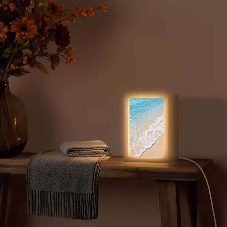 Strand - Water - Natuur - Blauw - Beige Light Box met kabel (Tafellamp) klein -sfeer4