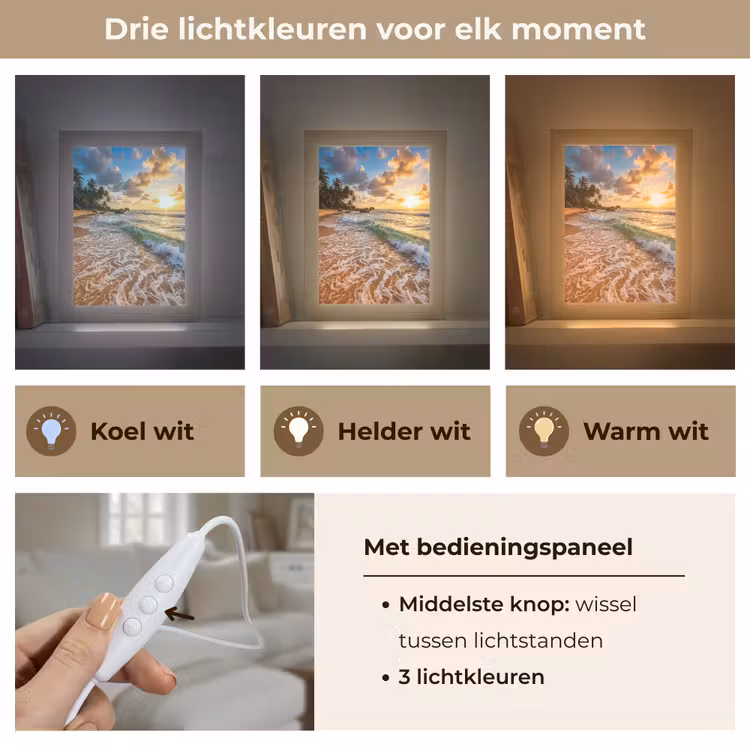 Strand - Zonsondergang - Golven - Natuur - Goud Light Box met kabel (Tafellamp) klein -USP_lichtkleurNL