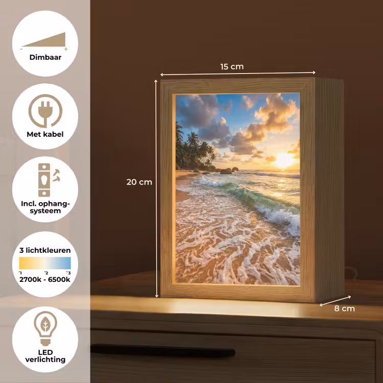 Strand - Zonsondergang - Golven - Natuur - Goud Light Box met kabel (Tafellamp) klein -USP_NL
