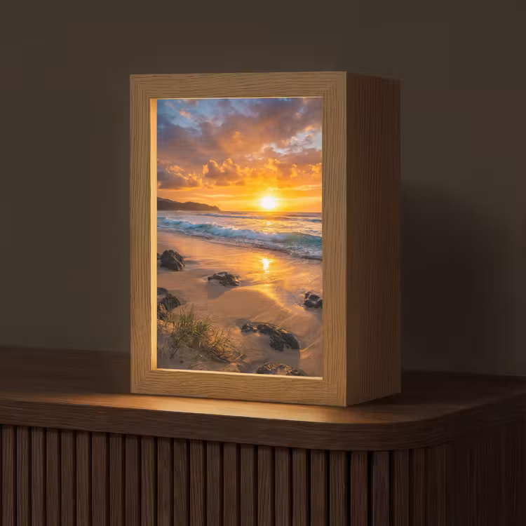 Strand - Zonsondergang - Golven - Natuur - Oranje Light Box met kabel (Tafellamp) klein -z3d_website