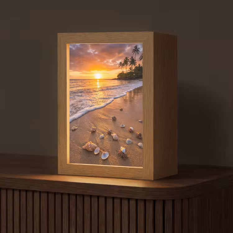 Strand - Zonsondergang - Palmbomen - Natuur - Oranje Light Box met kabel (Tafellamp) klein -z3d_website