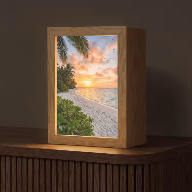 Strand - Zonsondergang - Palmbomen - Tropisch - Natuur Light Box met kabel (Tafellamp) klein -z3d_website