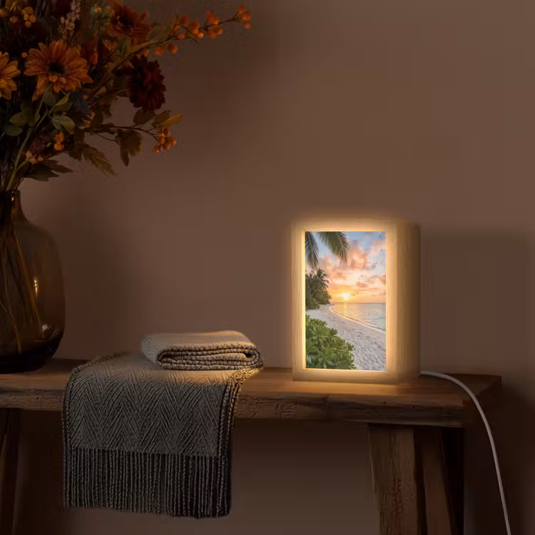 Strand - Zonsondergang - Palmbomen - Tropisch - Natuur Light Box met kabel (Tafellamp) klein -sfeer4