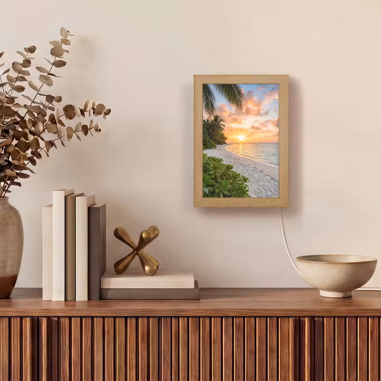 Strand - Zonsondergang - Palmbomen - Tropisch - Natuur Light Box met kabel (Tafellamp) klein -sfeer2