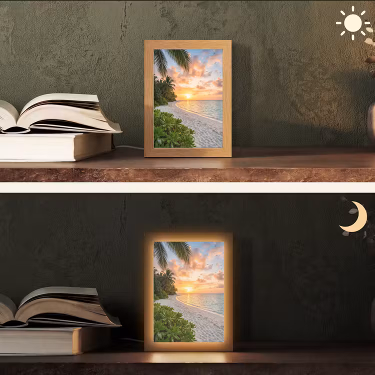 Strand - Zonsondergang - Palmbomen - Tropisch - Natuur Light Box met kabel (Tafellamp) klein -sfeer3
