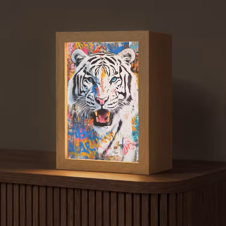 Street art - Tijger - Wit - Graffiti - Dieren Light Box met kabel (Tafellamp) klein -z3d_website