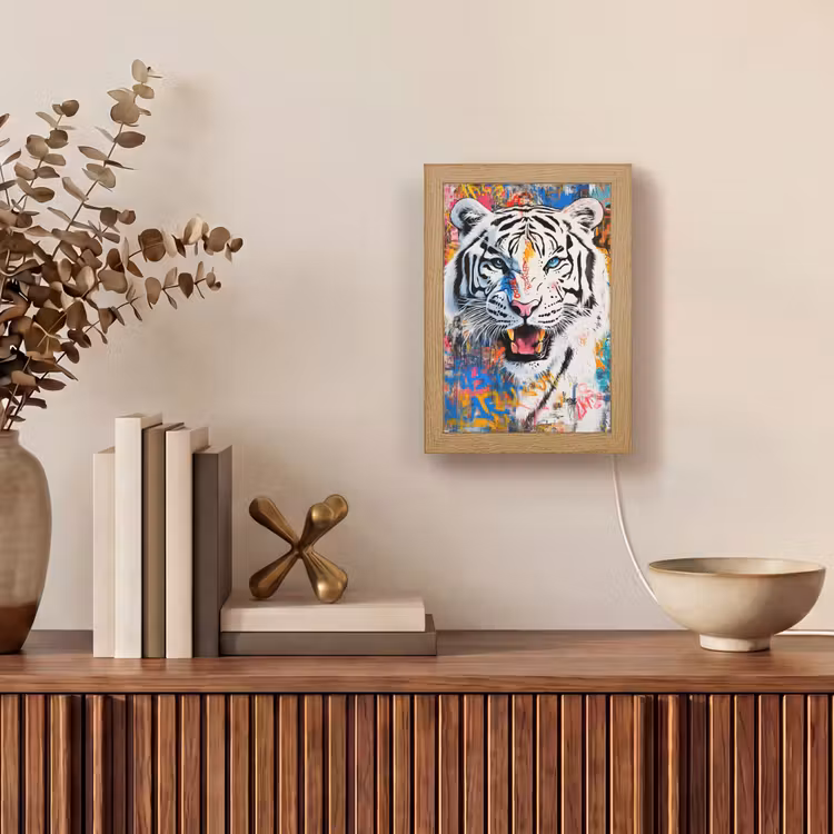 Street art - Tijger - Wit - Graffiti - Dieren Light Box met kabel (Tafellamp) klein -sfeer2