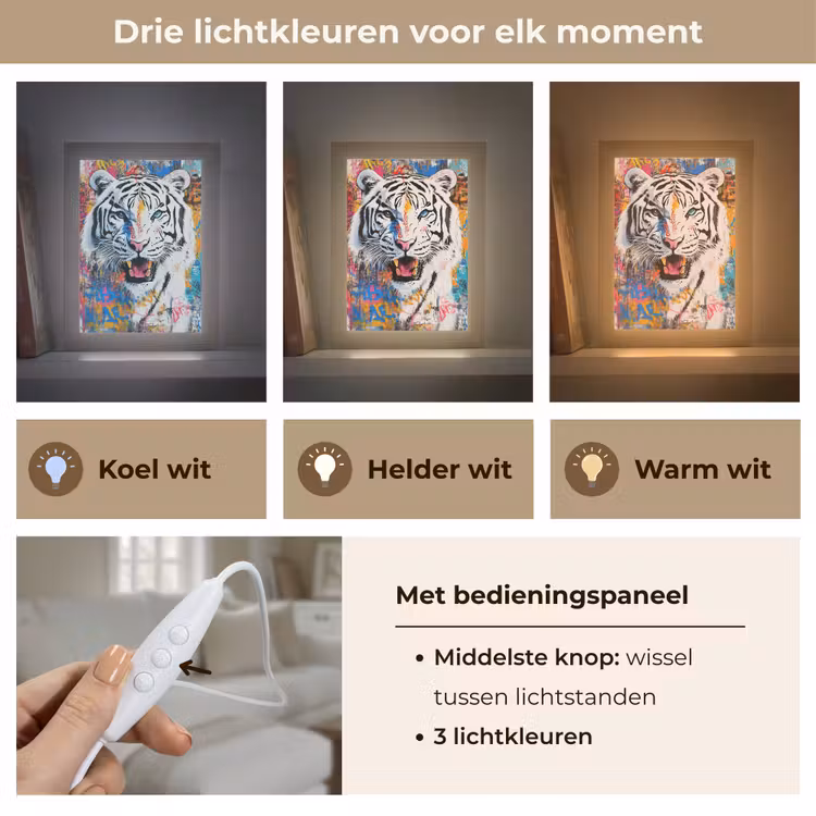 Street art - Tijger - Wit - Graffiti - Dieren Light Box met kabel (Tafellamp) klein -USP_lichtkleurNL