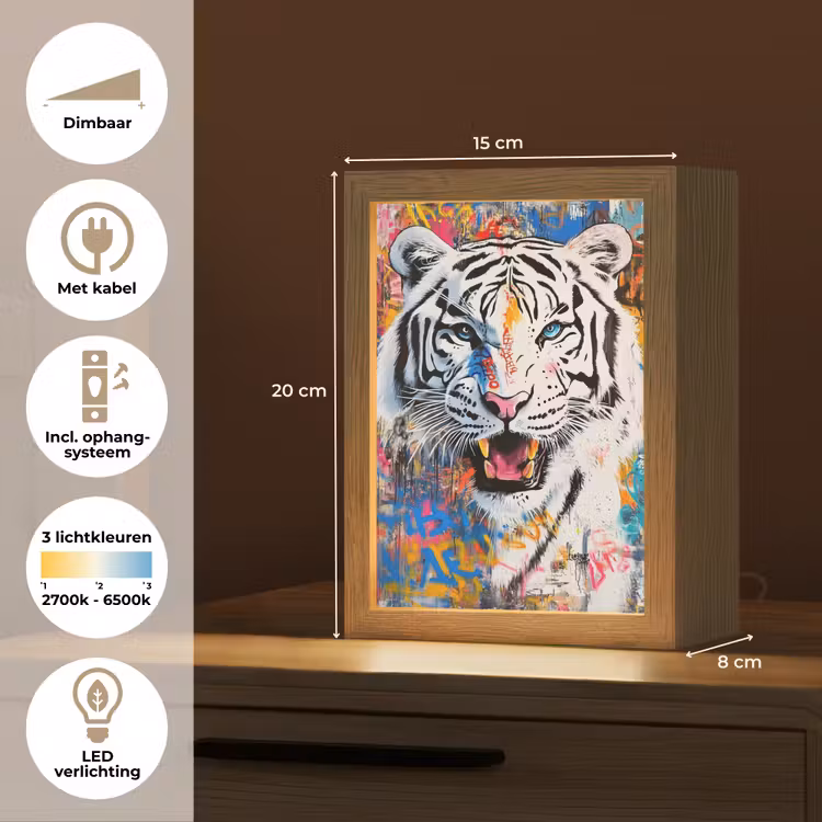 Street art - Tijger - Wit - Graffiti - Dieren Light Box met kabel (Tafellamp) klein -USP_NL