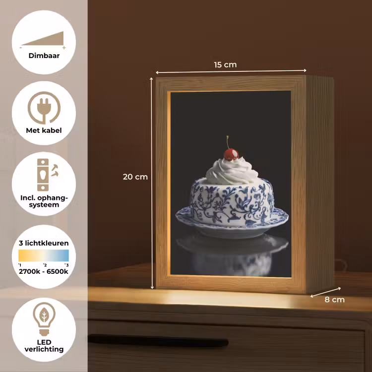 Taart - Slagroom - Kers - Bord - Delfts blauw Light Box met kabel (Tafellamp) klein -USP_NL