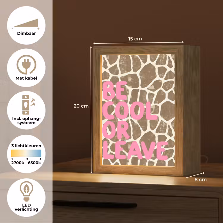 Tekst - Be cool or leave - Roze - Giraffenprint Light Box met kabel (Tafellamp) klein -USP_NL