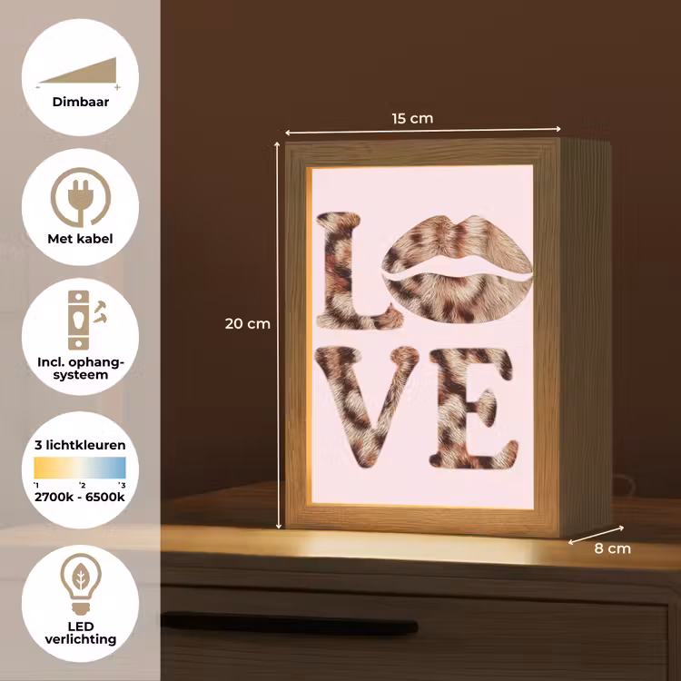 Tekst - Love - Pantervacht - Lichtroze Light Box met kabel (Tafellamp) klein -USP_NL