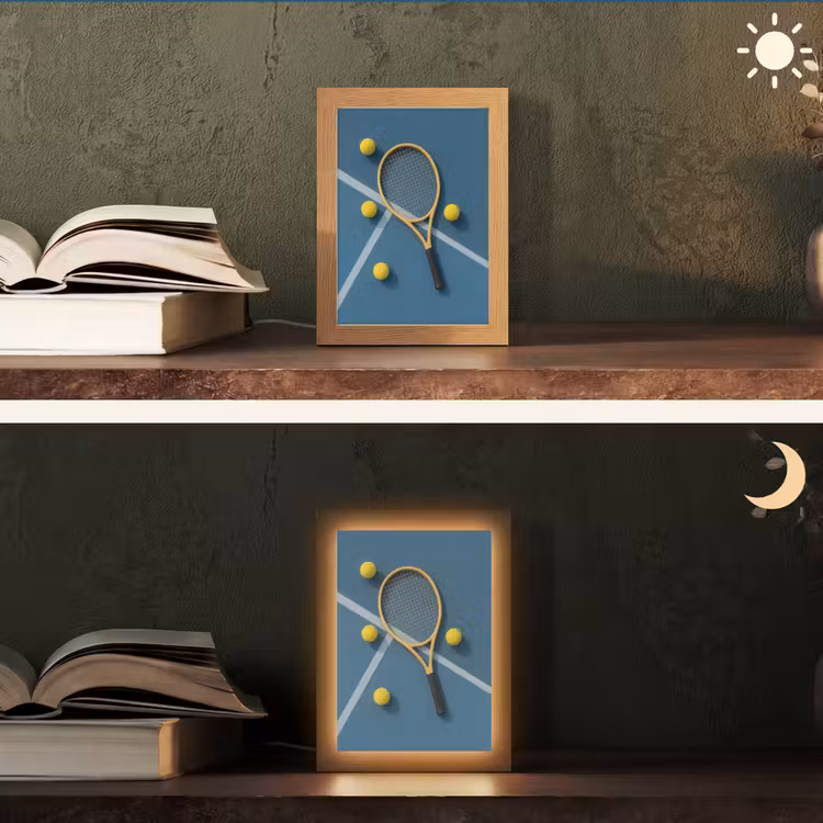 Tennisracket - Bal - Blauw - Veld Light Box met kabel (Tafellamp) klein -sfeer3