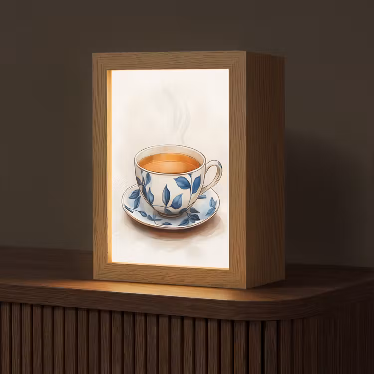 Theekop - Bladeren - Blauw Light Box met kabel (Tafellamp) klein -z3d_website