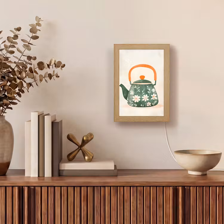 Theepot - Groen - Bloemen - Oranje Light Box met kabel (Tafellamp) klein -sfeer2