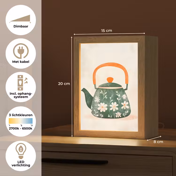 Theepot - Groen - Bloemen - Oranje Light Box met kabel (Tafellamp) klein -USP_NL