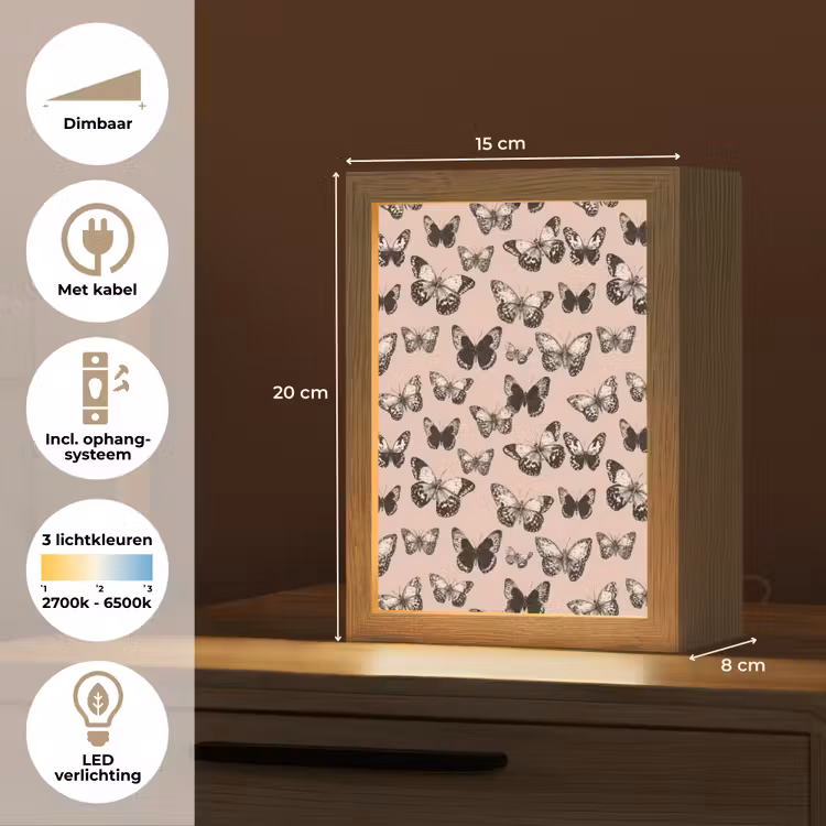 Tijdloos - Vlinders - Perzik Light Box met kabel (Tafellamp) klein 925 -USP_NL