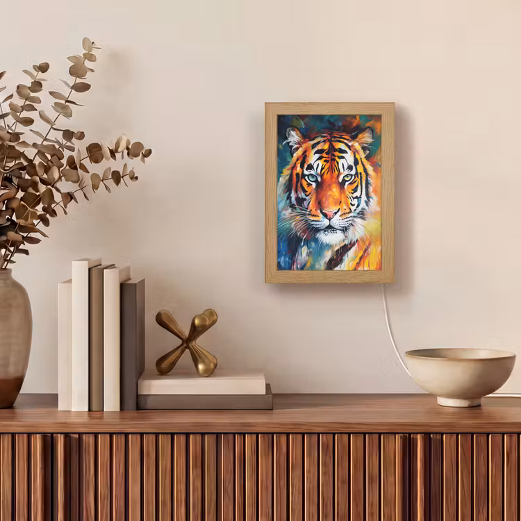 Tijger - Dieren - Olieverf - Kunst Light Box met kabel (Tafellamp) klein -sfeer2
