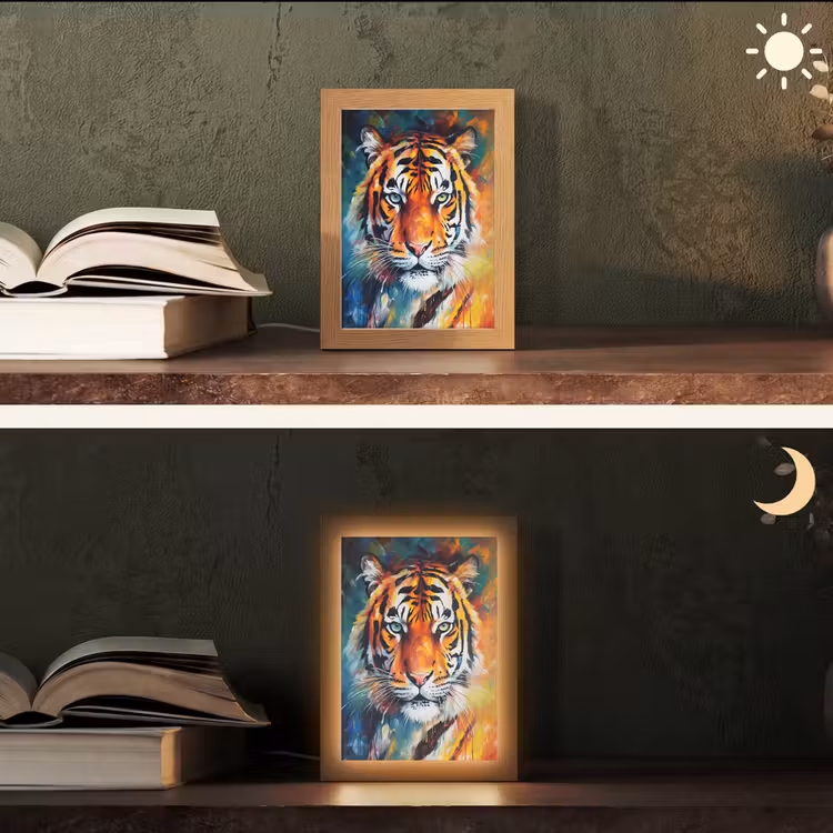 Tijger - Dieren - Olieverf - Kunst Light Box met kabel (Tafellamp) klein -sfeer3