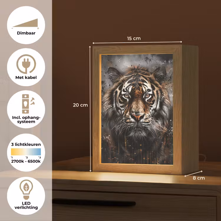 Tijger - Dieren - Portret - Luxe - Zwart Light Box met kabel (Tafellamp) klein -USP_NL