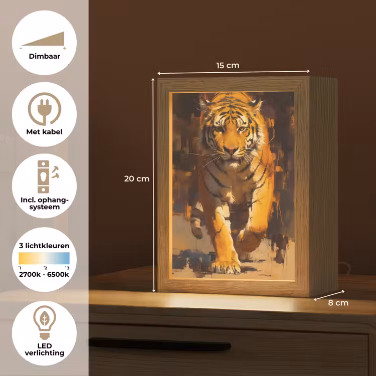 Tijger - Geschilderd - Oranje - Penseelstreken Light Box met kabel (Tafellamp) klein -USP_NL