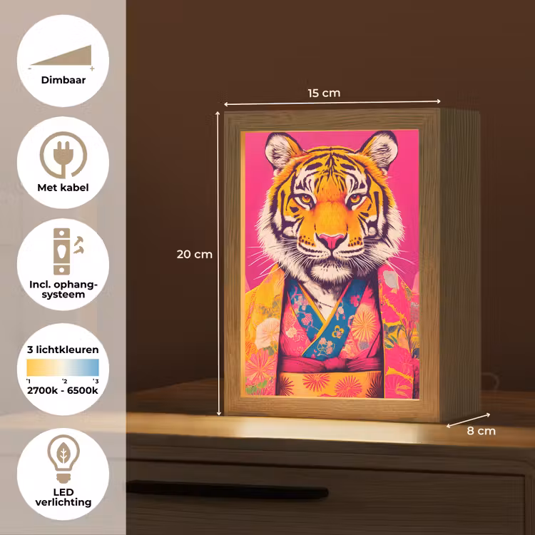Tijger - Kimono - Planten - Roze Light Box met kabel (Tafellamp) klein -USP_NL
