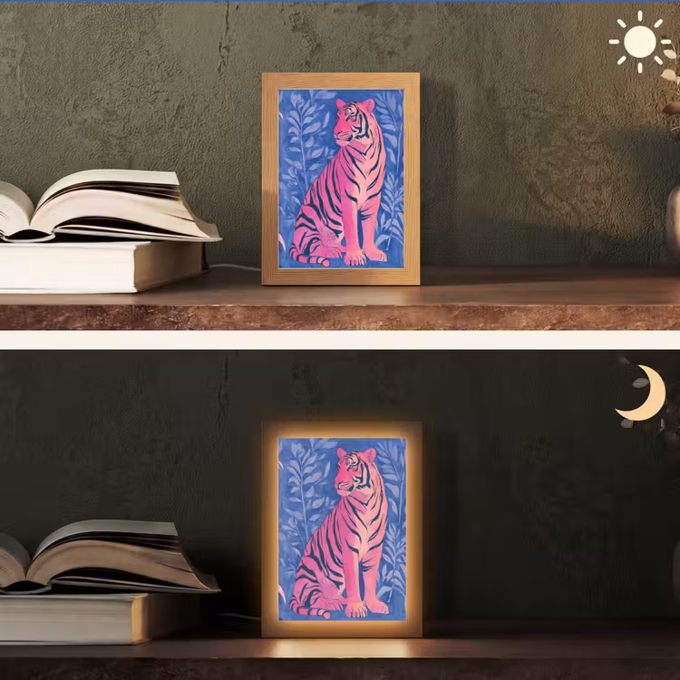 Tijger - Roze - Bladeren - Jungle Light Box met kabel (Tafellamp) klein -sfeer3
