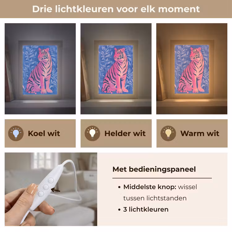 Tijger - Roze - Bladeren - Jungle Light Box met kabel (Tafellamp) klein -USP_lichtkleurNL