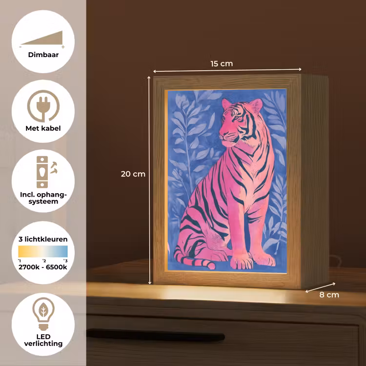 Tijger - Roze - Bladeren - Jungle Light Box met kabel (Tafellamp) klein -USP_NL