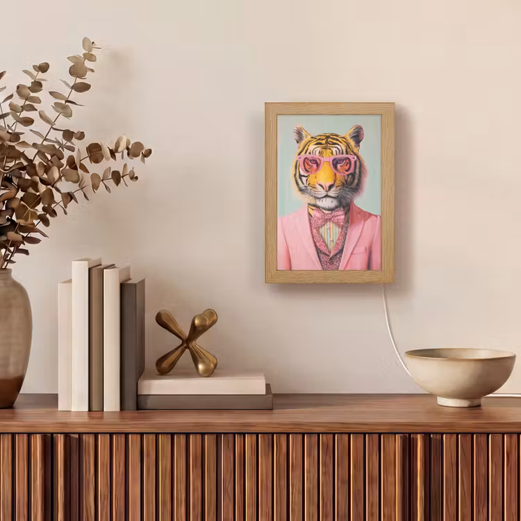 Tijger - Strik - Jasje - Roze Light Box met kabel (Tafellamp) klein -sfeer2