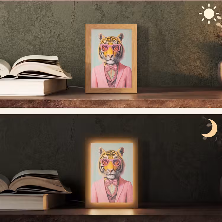 Tijger - Strik - Jasje - Roze Light Box met kabel (Tafellamp) klein -sfeer3