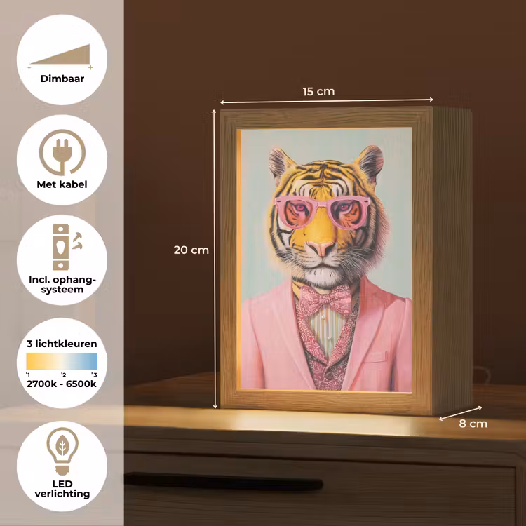 Tijger - Strik - Jasje - Roze Light Box met kabel (Tafellamp) klein -USP_NL