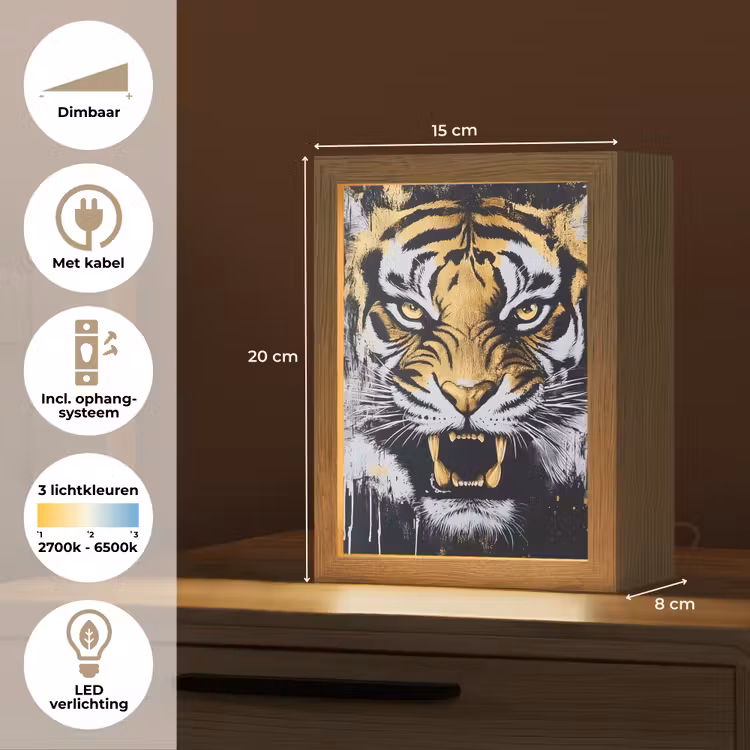 Tijger - Verfspatten - Goud Light Box met kabel (Tafellamp) klein -USP_NL