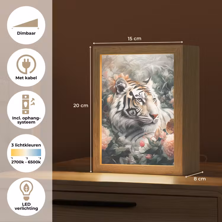 Tijger - Wilde dieren - Bloemen - Jungle Light Box met kabel (Tafellamp) klein -USP_NL