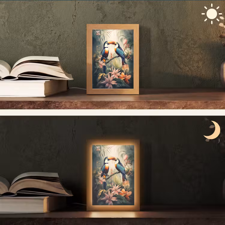 Toekan - Vogels - Bloemen - Natuur - Jungle Light Box met kabel (Tafellamp) klein -sfeer3