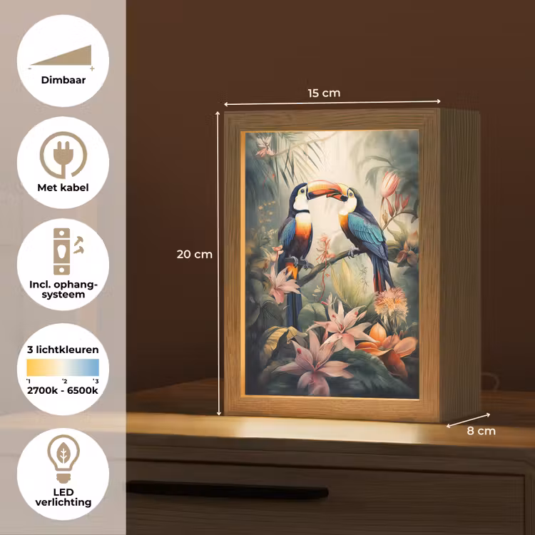 Toekan - Vogels - Bloemen - Natuur - Jungle Light Box met kabel (Tafellamp) klein -USP_NL