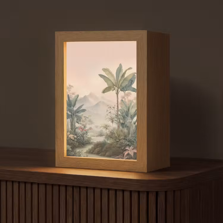 Tropisch landschap - palmbomen - Bloemen - Roze lucht Light Box met kabel (Tafellamp) klein -z3d_website